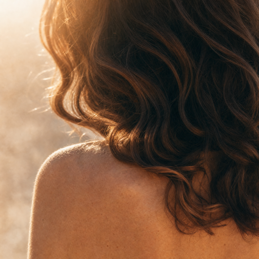 Long dark chestnut hair falling in loose waves over a bare shoulder in warm golden light