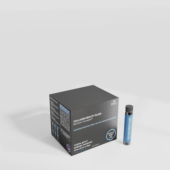 An open box of Collagen Beauty Elixir vials on a white ground, with one blue vial standing beside it.