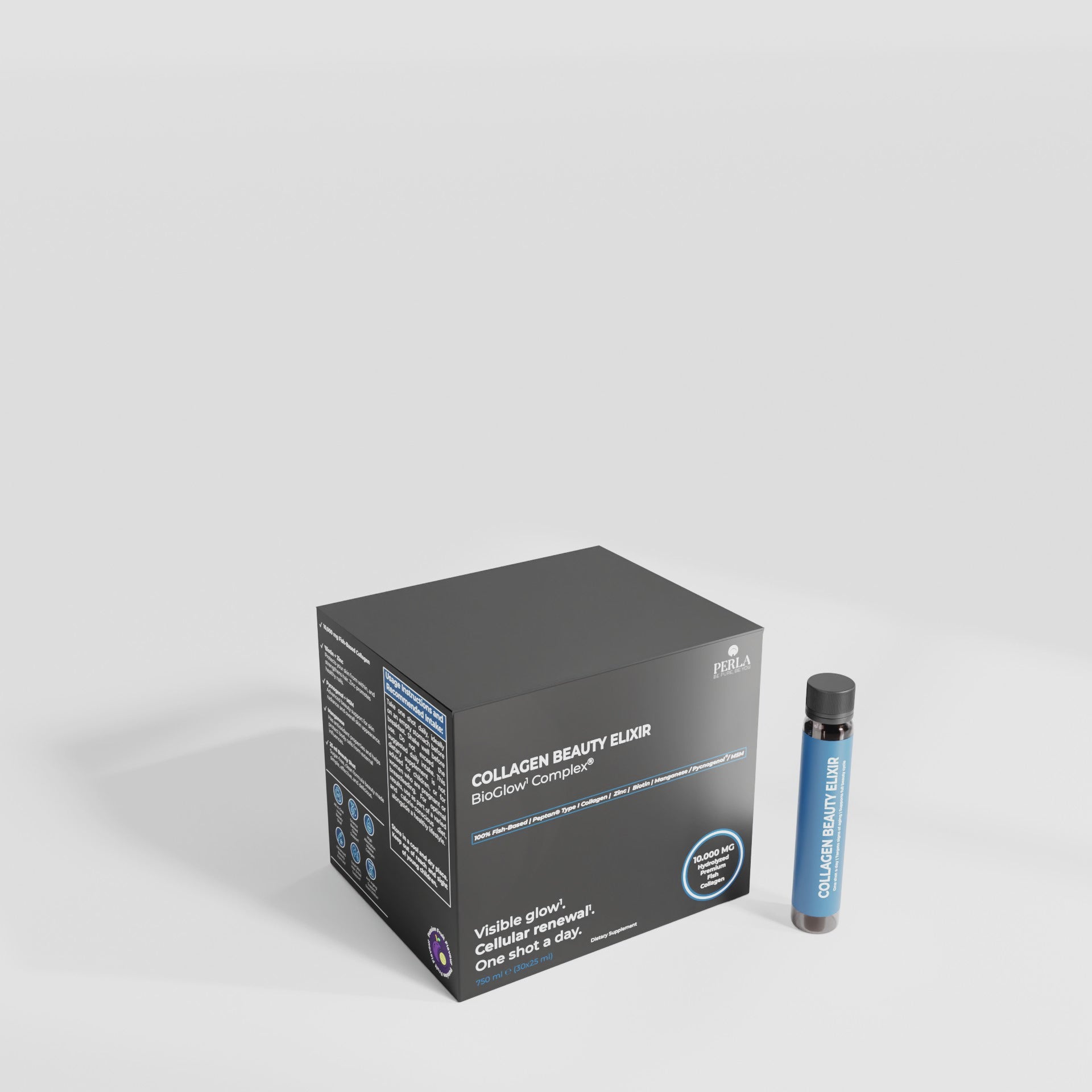 An open box of Collagen Beauty Elixir vials on a white ground, with one blue vial standing beside it.
