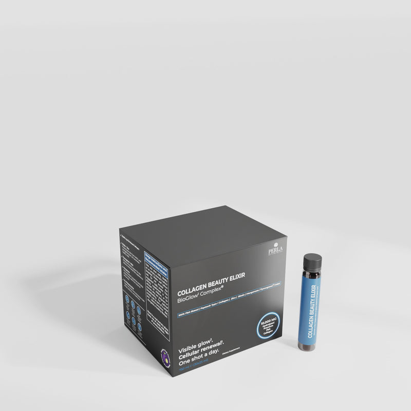An open box of Collagen Beauty Elixir vials on a white ground, with one blue vial standing beside it.