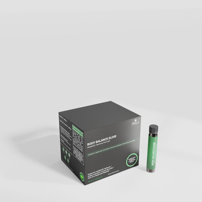 An open box of Body Balance Elixir vials on a white ground, with one green vial standing beside it.