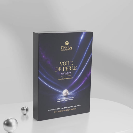 The Voile de Perle de Nuit sachet and box turning to show the front and the application steps on the back.