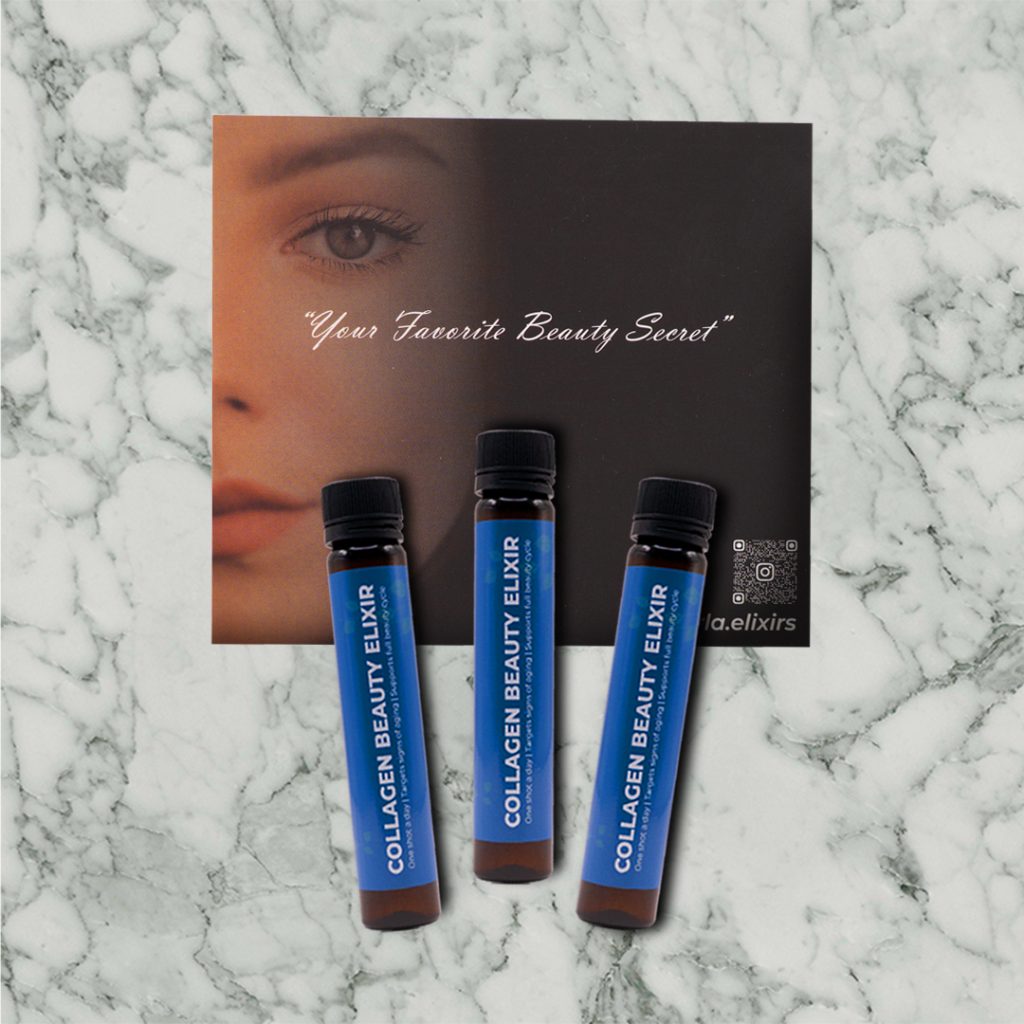 Perla™ Collagen Beauty Elixir bottles arranged artistically on a marble surface beside a portrait with the quote “Your Favorite Beauty Secret,” symbolizing inner beauty and refined skincare. 4